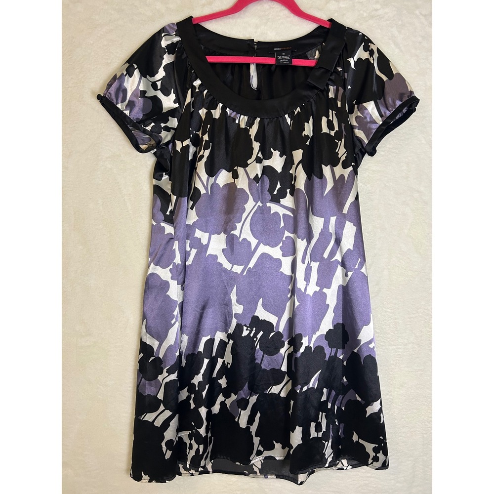 BCBGMAXAZRIA Purple Black Floral Satin Mini Dress Short Sleeve Scoop Neck Medium